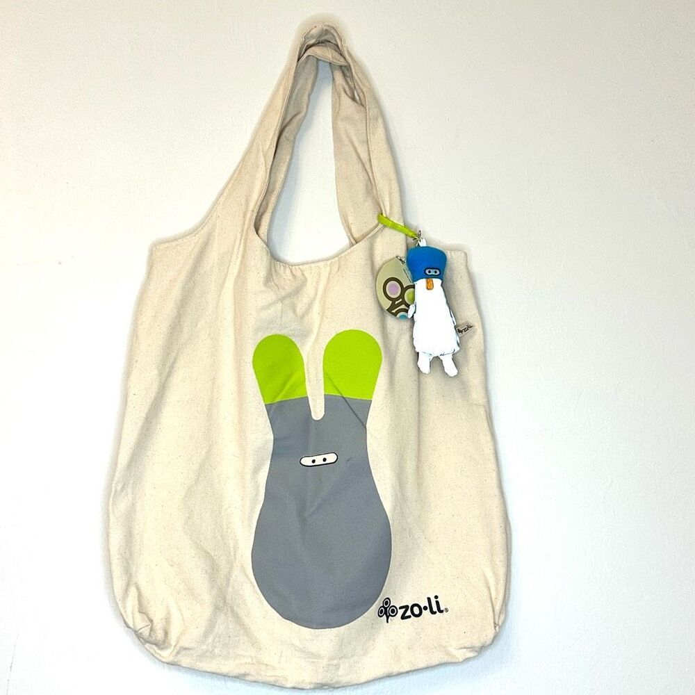 NWT Zoli Canvas Double Strap Reflective Key Chains Cream Reusable Tote Bag Large